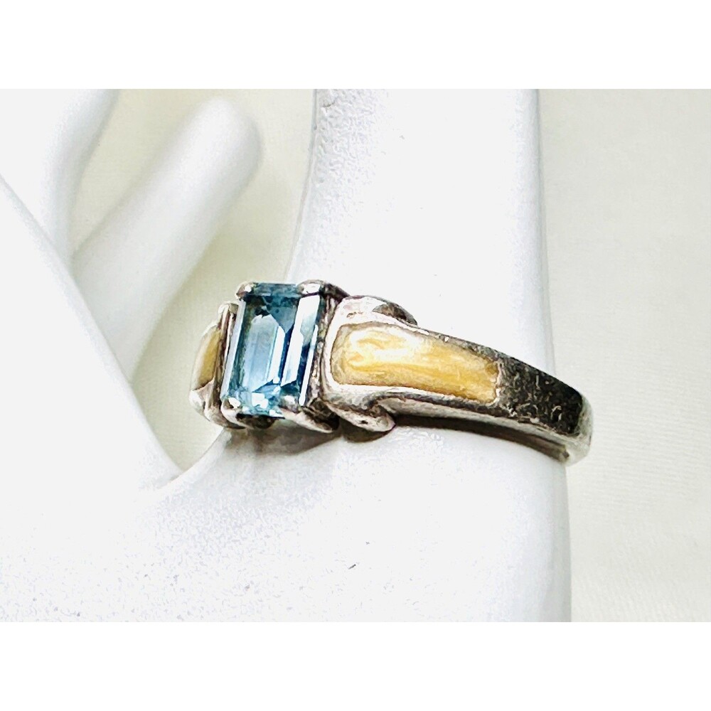 VTG AVON 925 Strlng Silver Prong Set Blue Topaz Emrld-Cut Enamel Inlay Ring 9.75